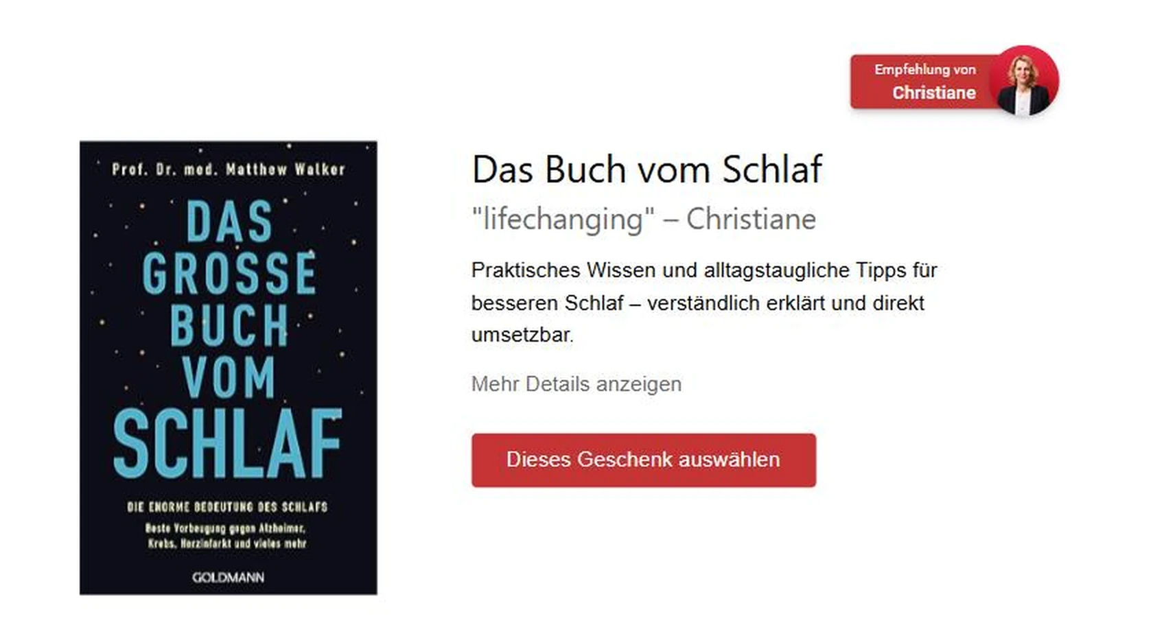Eintrag in der digitalen Weihnachtsliste mit Produktbild, Empfehlung einer Kollegin und Auswahl-Button