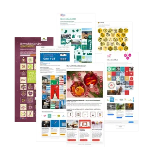 Screenshot Sammlung von verschiedenen Designs von Hauptseiten mit unterschiedlichen Layouts, Motiven, Formen und an unterschiedliche Corporate Designs angepasst